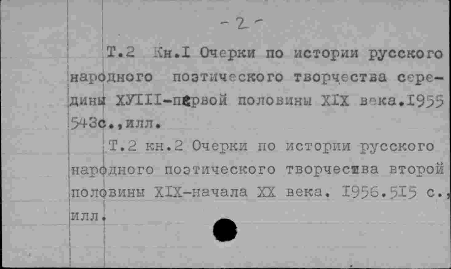 ﻿1Т.2 Кн.1 Очерки по истории русского 'народного поэтического творчества сере-;динн ХУГ11-п4рвой половины XIX века.1955 15430. ,ИЛЛ.
■,Т.2 кн.2 Очерки по истории русского народного поэтического творчества второй ;полавины Х1Х-начала XX века. 1956.515 с. илл.